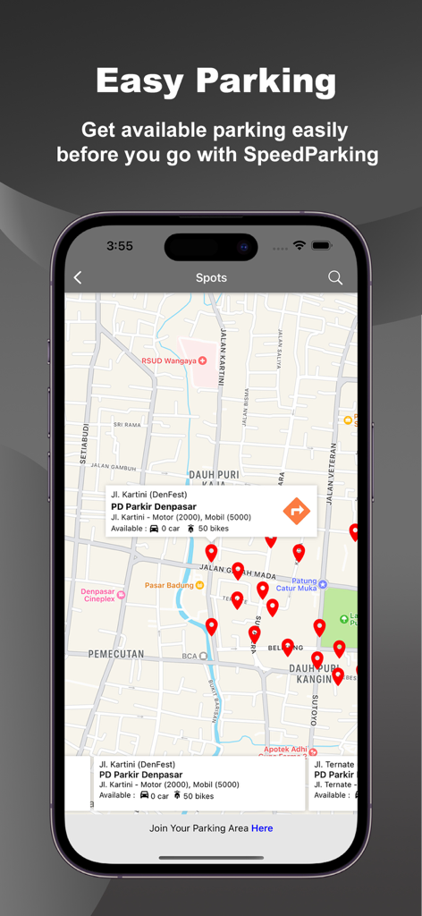 SpeedID - Mobile app screen showing a map with available parking locations and spot details in SpeedID