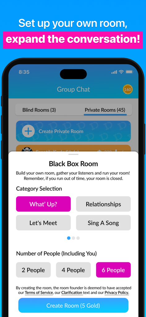 BlindID: Live & Group Chat - BlindID app interface for creating a private group voice chat room
