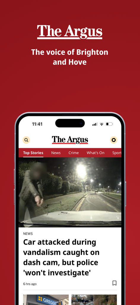 The Argus - Interfaz de la aplicación móvil The Argus mostrando titulares de noticias locales de Brighton y Hove en la pantalla de un iPhone.