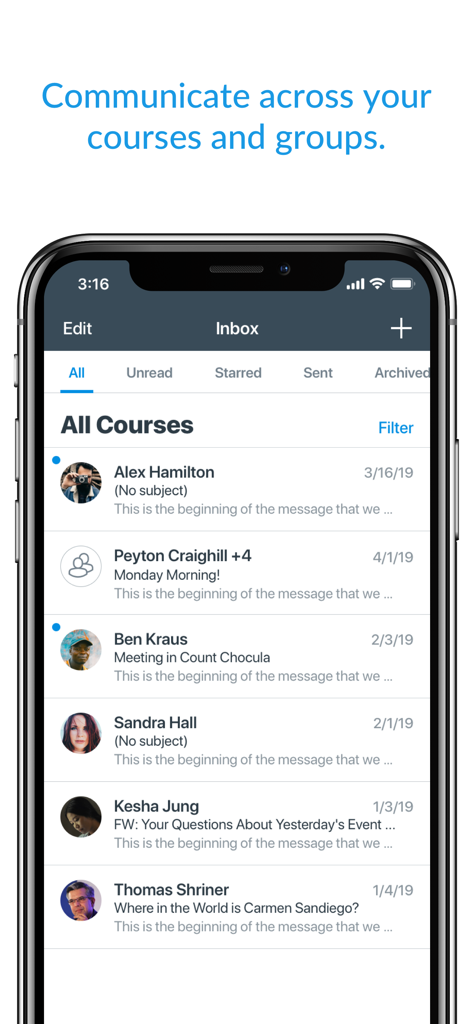 Canvas by Instructure - Mobile view of the Canvas by Instructure app inbox showing course messages and student communications