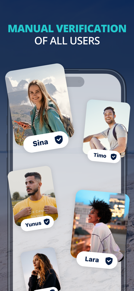 Tourlina - Travel Buddy - Screenshot of Tourlina app showing verified travel companion profiles