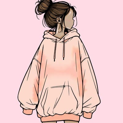 realistic girl with a oversized sweatshirt on and a bun