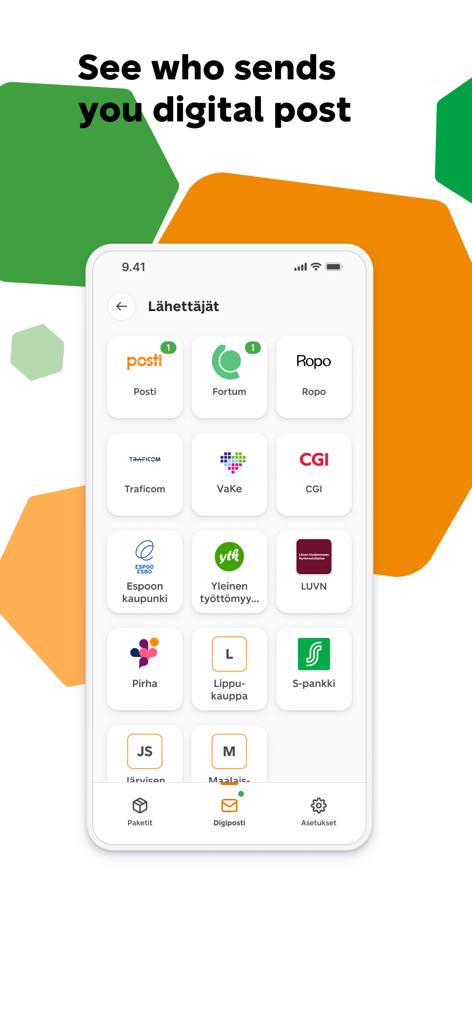 OmaPosti - OmaPosti app screen displaying a grid of digital post senders like Posti and Fortum