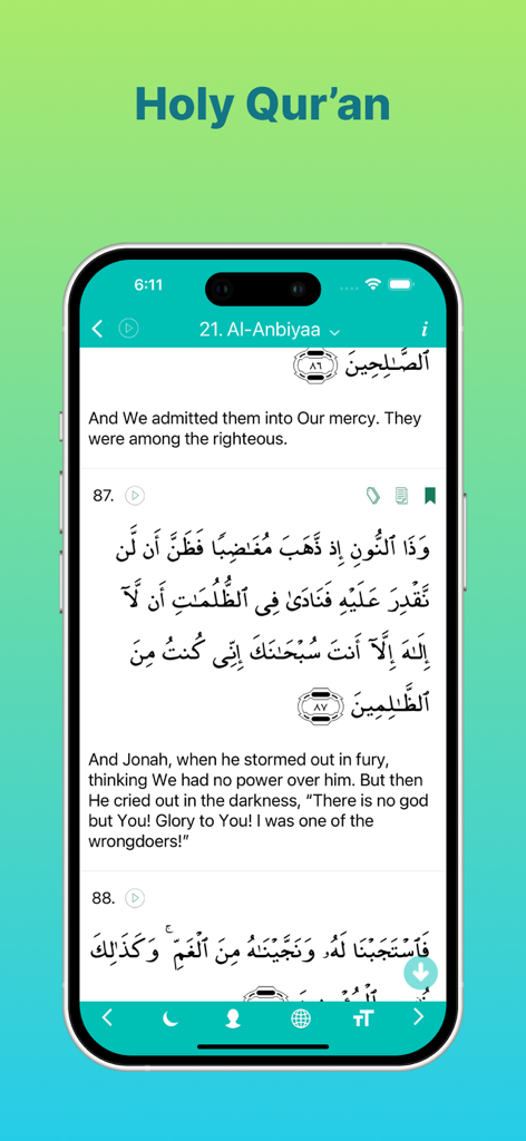 Islam Pro: Quran Prayer Qibla - Smartphone screen showing the Holy Quran with Arabic script and English translations in the Islam Pro app