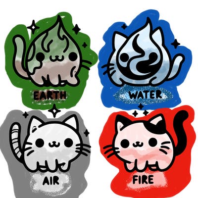 4 cats that represent the different elements, earth, water, air, and fire