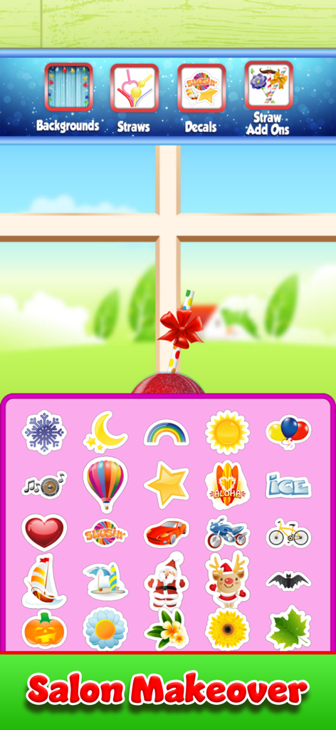 Menu de decoração no aplicativo Kids Cooking Games Slushy com uma variedade de adesivos coloridos e opções de maquiagem de salão