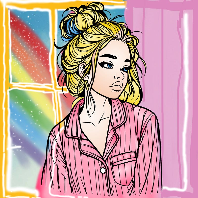 realistic woman with pajamas on and a messy bun