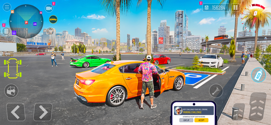 Car Driving School Parking Sim - Simulador de conducción de coches 3D realista que muestra un coche naranja y un personaje en un estacionamiento de ciudad de mundo abierto