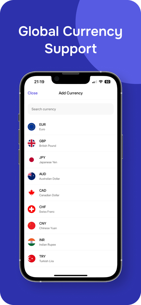 Personal Easy Budget Tracker - A mobile screen showing global currency support with a list of international currencies and flags.