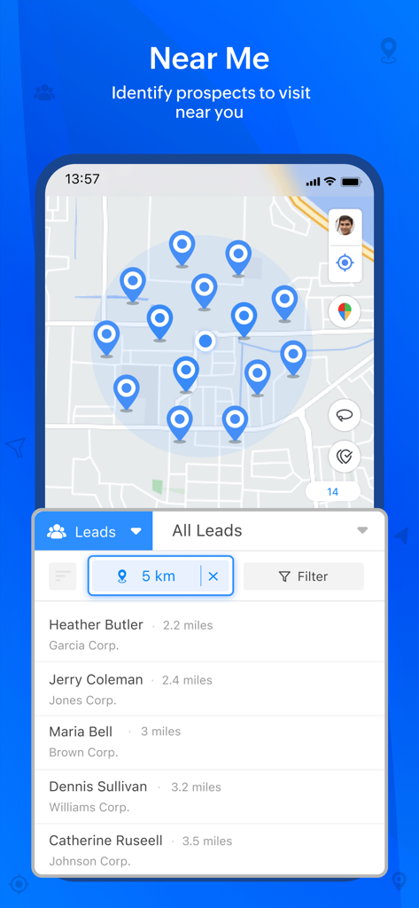 近接性に基づいて地図上のZoho CRMリードを可視化するRouteIQ Near Me機能