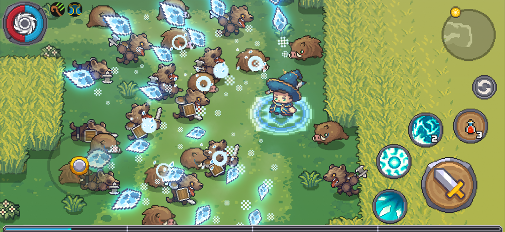 Soul Knight Prequel - Un personaje mago Chibi usando hechizos de hielo contra una horda de monstruos en un campo de arte de píxeles.