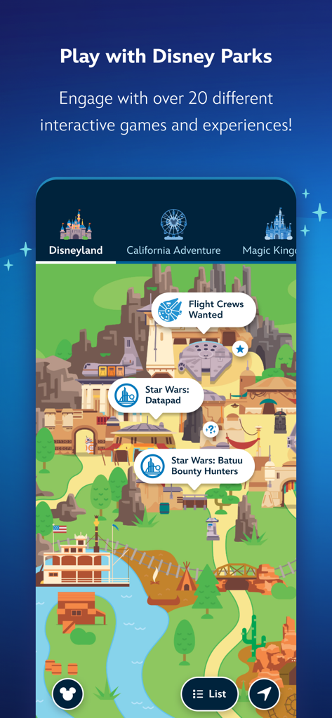 Play Disney Parks - Carte interactive dans l'application Play Disney Parks montrant les jeux et activités de Star Wars Galaxys Edge