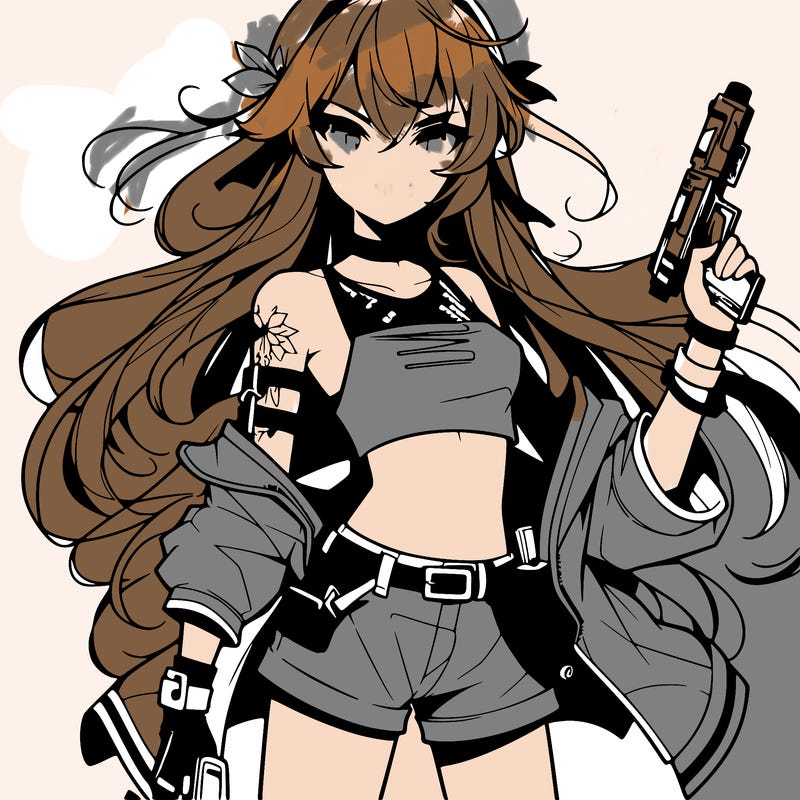 bad girl wearing crop top holding a gun long hair anime