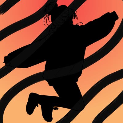 realistic girl jumping with a bun and oversized sweatshirt