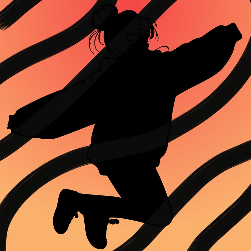 realistic girl jumping with a bun and oversized sweatshirt