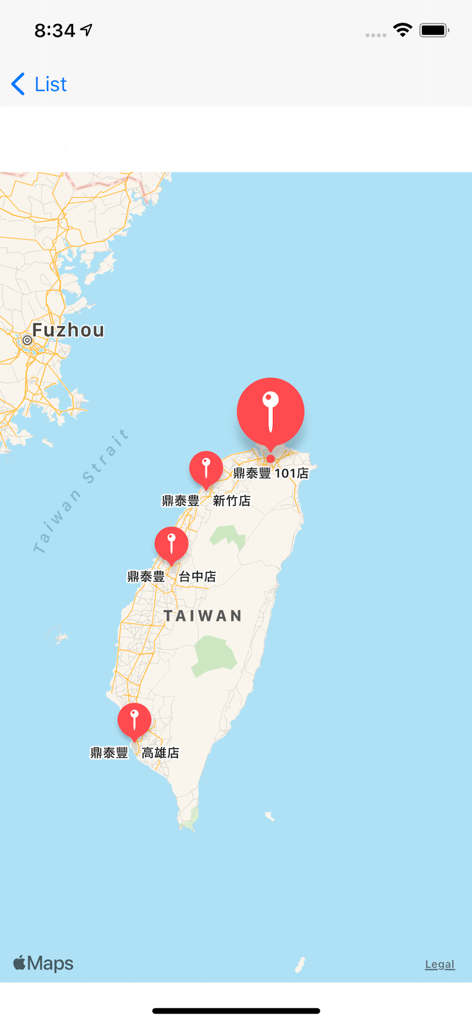 Map of Taiwan showing multiple Din Tai Fung restaurant locations with red markers