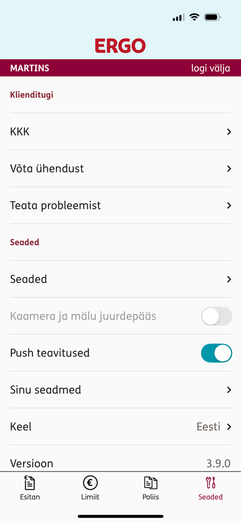 ERGO Estonia mobile app settings screen showing account options and notification toggles