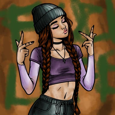 realistic teenage girl with braids and a beanie and crop top doing 🫶🏼