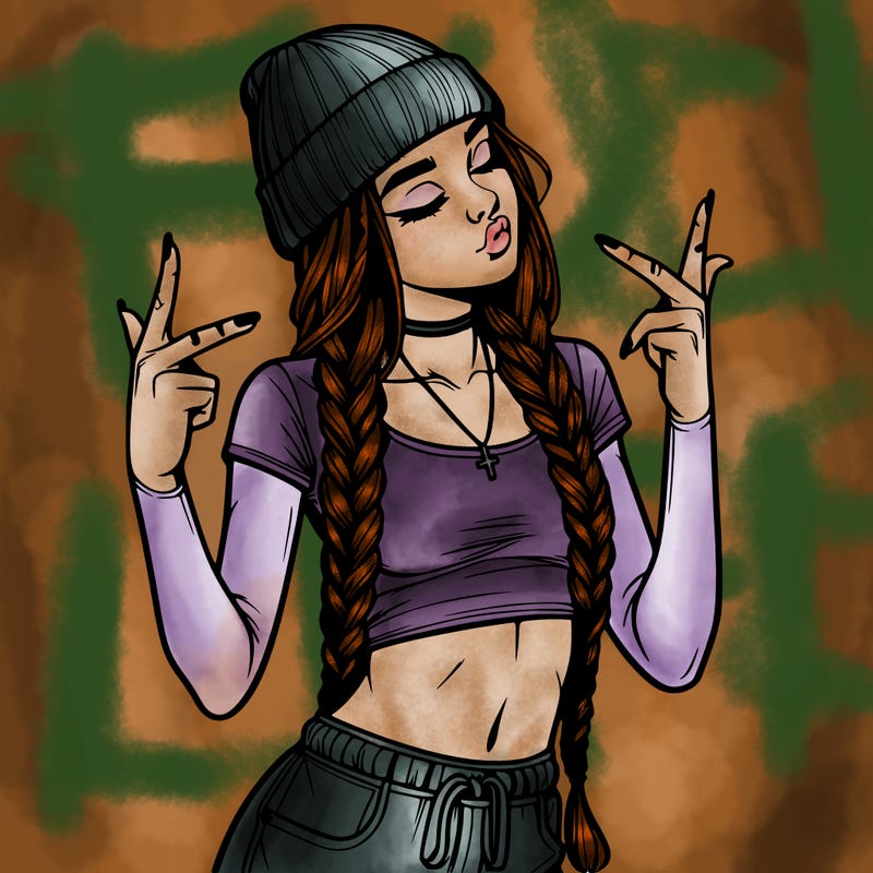 realistic teenage girl with braids and a beanie and crop top doing 🫶🏼