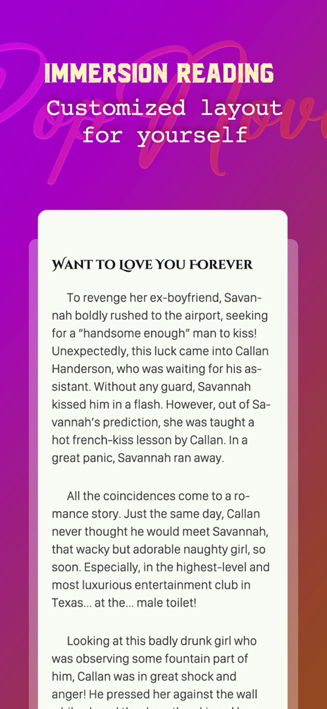 PopNovel - Tela de leitura imersiva do aplicativo PopNovel com uma história de romance e layout personalizado