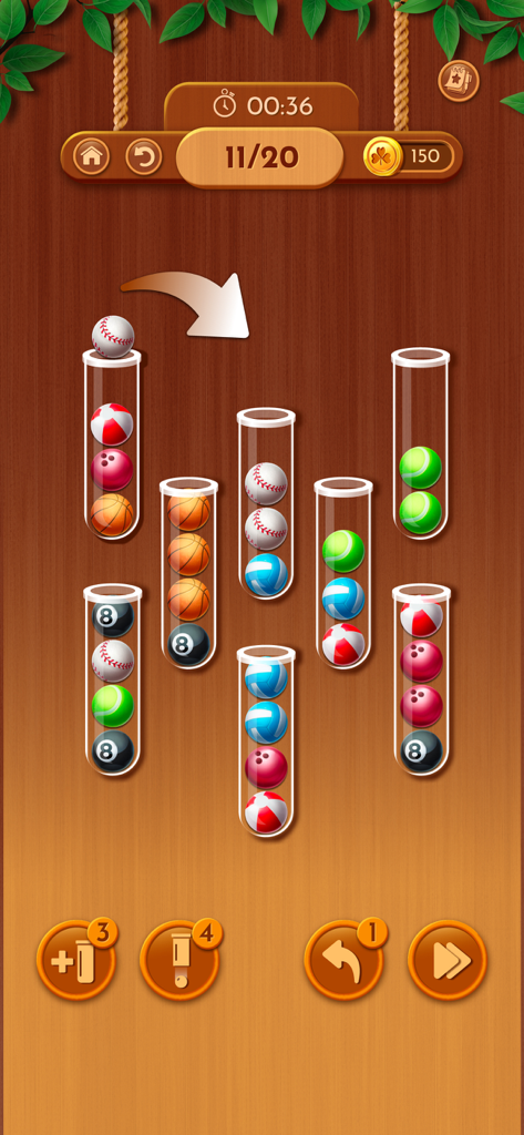 Woody Sort: Ball Sort Puzzle - Gameplay of Woody Sort showing sports balls being sorted into glass tubes on a rustic wooden background
