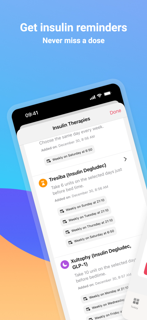 Pantalla del iPhone que muestra el horario de la terapia de insulina y recordatorios de medicación dentro de la aplicación Glu Sight.