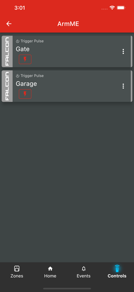 ArmME app screen showing remote controls for gate and garage.