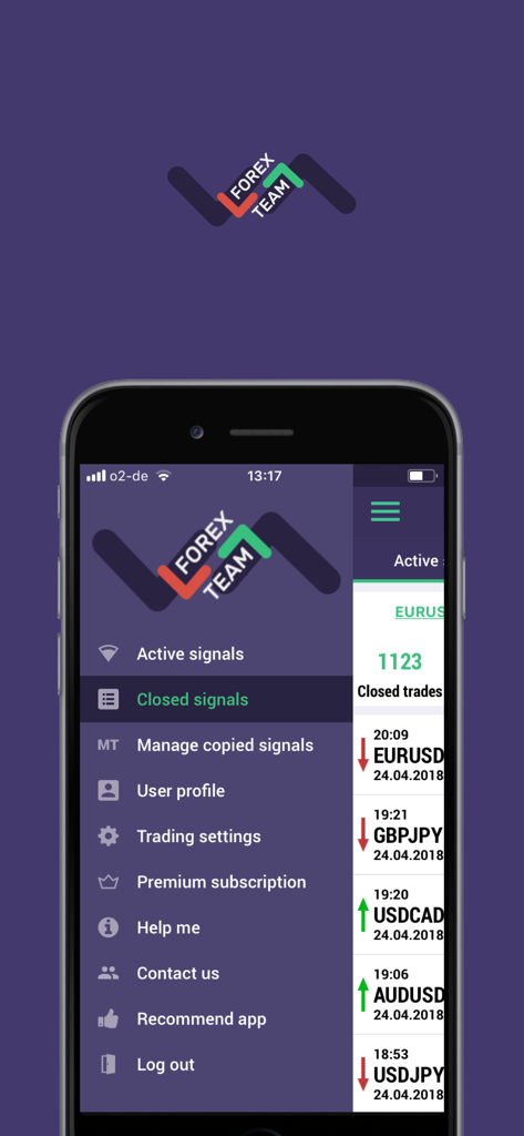 Forex Signals mobile App Seitenmenü mit Handelssignalen und Kontoeinstellungen