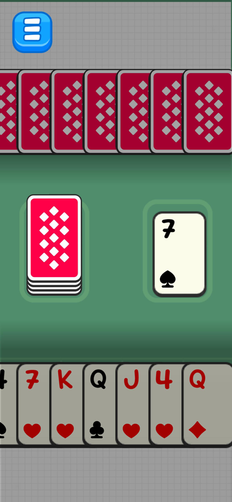 Pastimes - 30 Mini Games - Classic solitaire card game interface with a green background and a hand of playing cards.