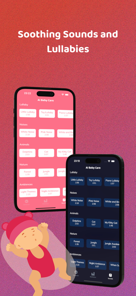 AI BabyCare app interface displaying a library of soothing sounds and lullabies for infants