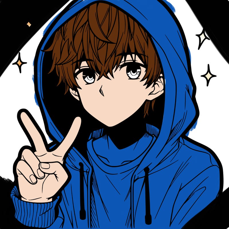 teenage manga boy in a hoodie, doing ✌