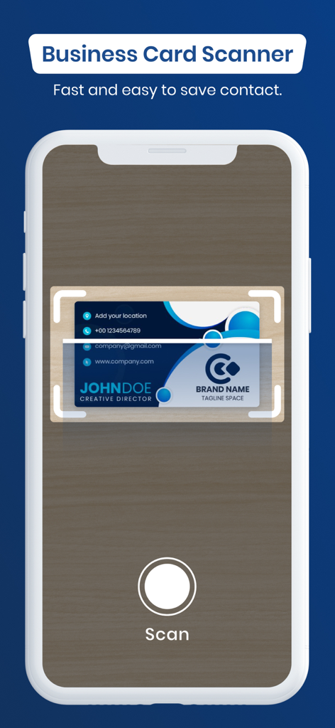 iPhone screen showing the scanning process of a business card within the app