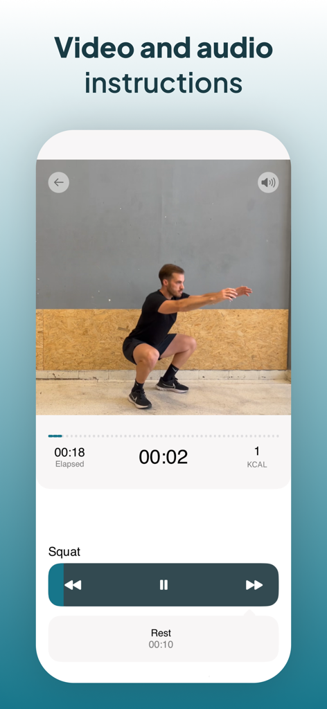 Calisthenics workout challenge - Un hombre haciendo sentadillas mientras sigue instrucciones de video y audio en la aplicación de entrenamiento de calistenia.