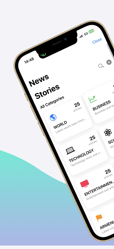 Armenia news app interface displaying different news categories like world technology and business