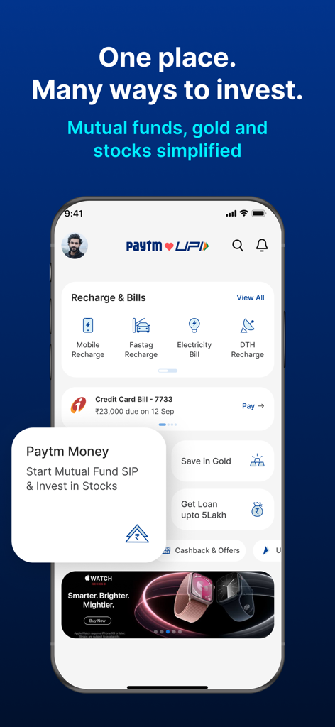 Captura de pantalla de la aplicación Paytm que muestra secciones para recarga de móviles, pagos de facturas de servicios públicos y Paytm Money para inversiones en fondos mutuos y acciones.