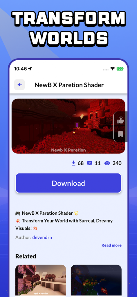 CraftyBox Addon World for MCPE - CraftyBox app screen showing the download page for a Minecraft PE shader addon