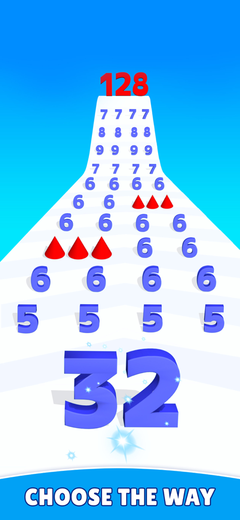 Gameplay screen of Number Merge Run showing a large number character navigating a track with obstacles and smaller numbers