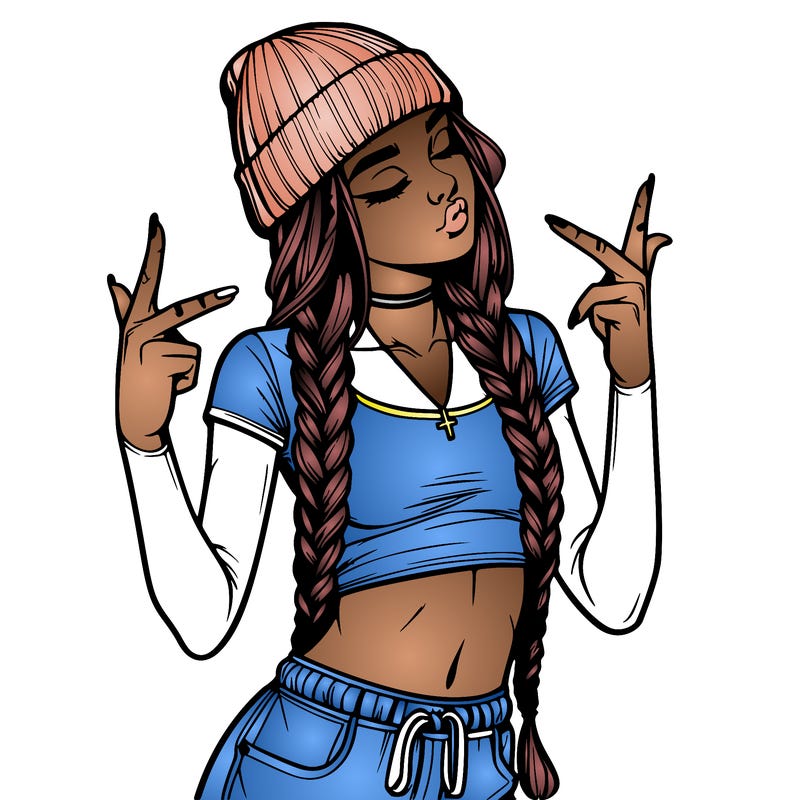 realistic teenage girl with braids and a beanie and crop top doing 🫶🏼