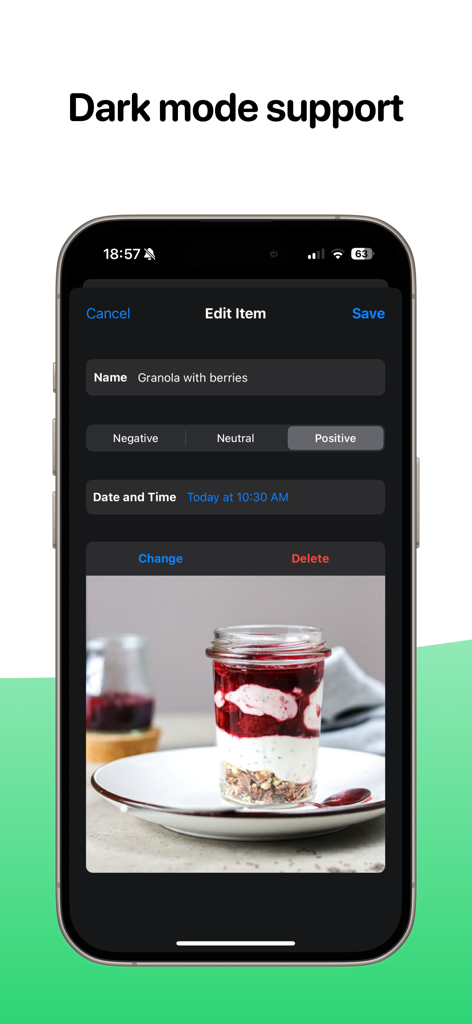 Simple Food Tracker - A smartphone showing the Simple Food Tracker app in dark mode with a meal entry for granola with berries including a photo and positive rating.