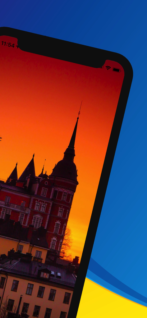 일몰 시의 역사적인 건물 풍경이 보이는 스톡홀름 여행 가이드 앱이 표시된 iPhone