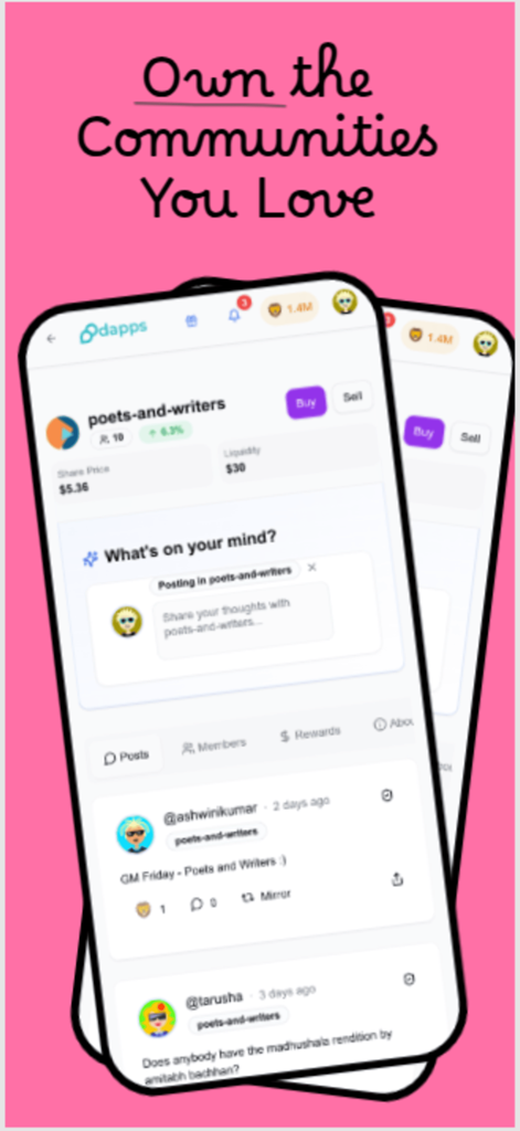 Dapps.co - Interfaz de la aplicación móvil Dapps.co que muestra una comunidad descentralizada para poetas y escritores con funciones de intercambio de tokens sociales y un feed de publicaciones.