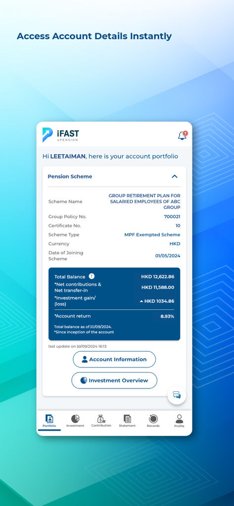 iFAST ePENSION mobile app screen showing a pension portfolio summary with total balance and investment returns