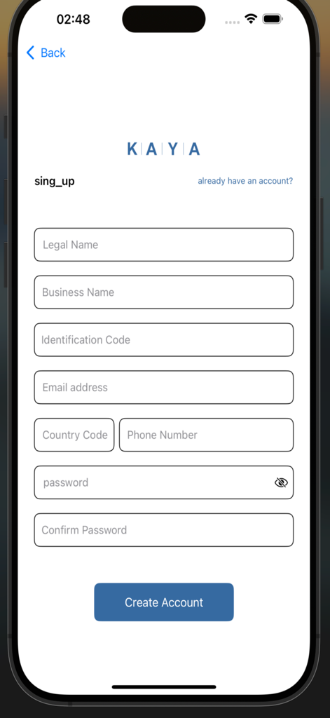 K | A | Y | A - Registration screen for the K A Y A technical utility app showing fields for business information and account creation