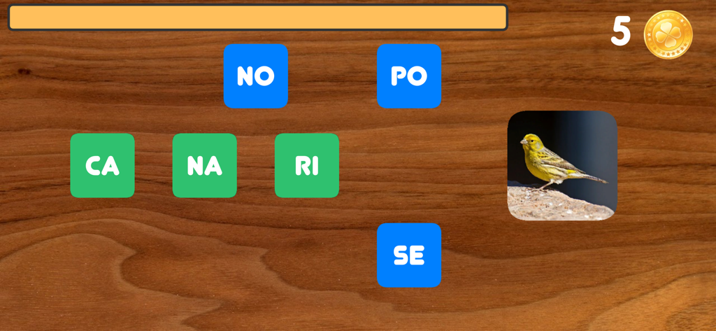 Scrivere con le sillabe Pro - An educational game screen for learning Italian syllables showing the word canary being spelled with colorful tiles.