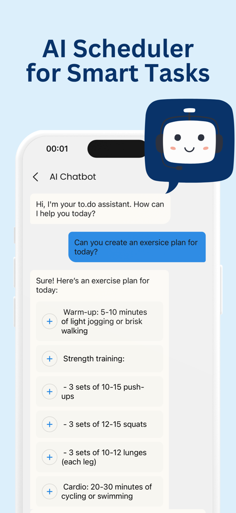 To do List: Task Manager, AI - Ein Screenshot der To do List App, der zeigt, wie ein KI-Chatbot einen personalisierten Trainingsplan für einen Benutzer erstellt.