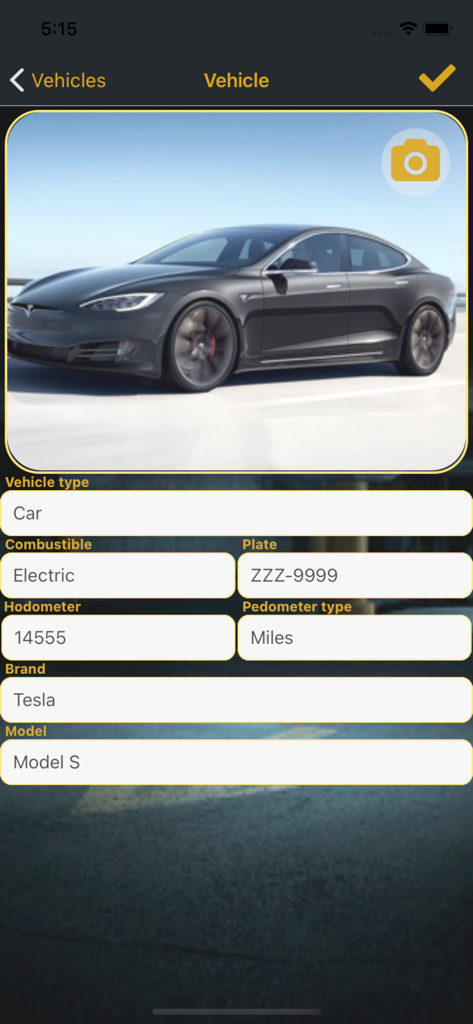 My Garage: Cars Expenses - A vehicle profile screen in the My Garage app displaying details for a Tesla Model S