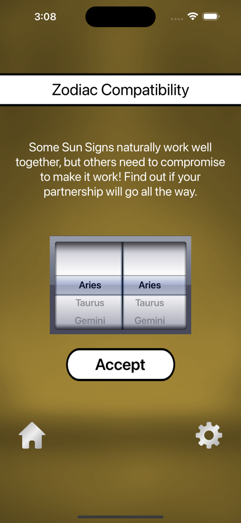 Love Test: Love Calculator - Schermata di selezione della compatibilità zodiacale nell'app Love Test