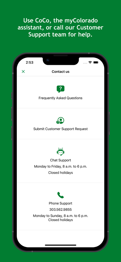 Tela de contato do aplicativo myColorado exibindo opções para perguntas frequentes, solicitação de suporte ao cliente, suporte por chat e suporte por telefone.