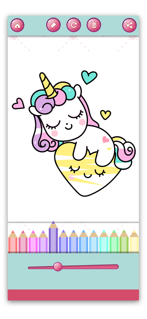 Digital coloring page of a cute unicorn sleeping on a heart with colored pencils below