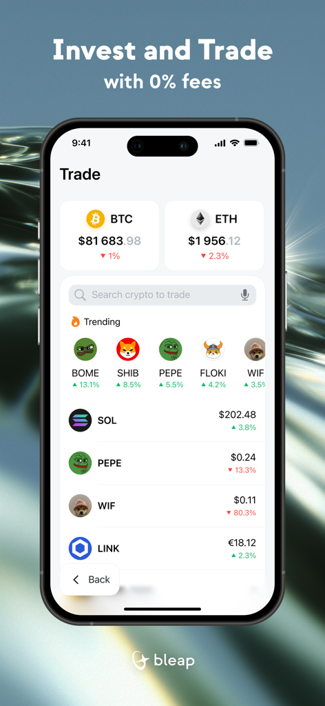 Bleap: Finance & Crypto Card - Interfaz de la aplicación móvil Bleap mostrando opciones de trading de criptomonedas para Bitcoin, Ethereum y monedas meme populares sin comisiones.